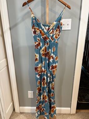 IC COLLECTION Teal Floral Wrap Jumpsuit with Rust and Cream Blooms
